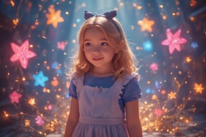 A girl absorbed into fantasyland, Magicallights,divinelights,AliceWaifu,blue eyes,blue dress,white pantyhose,apron,black bow,blonde,3d animation style