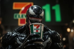 A close-up, symmetrical front-centered view of Venom holding a colorful 7-11 cup in his hand. Venom’s face is detailed, with a menacing grin that reveals sharp teeth and a glossy, slick texture. The vibrant colors of the 7-11 cup, featuring green, red, and white, contrast against the dark background. Focused lighting highlights both the intricate details of Venom’s face and the smooth, glossy surface of the cup, creating a photorealistic and dynamic scene. The scene captures the tension of the moment with photorealistic depth and detail, selective coloring, big green orange red text "(7-11)" in half opacity on background between subjects/objects.,SelectiveImpact,711cup