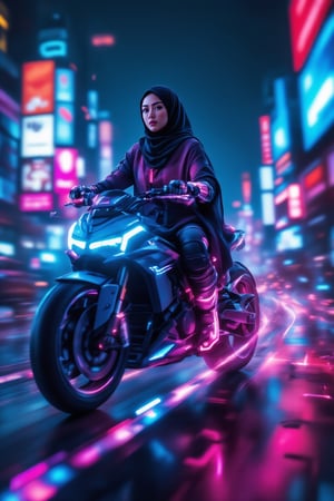 The hijabi cyberpunk woman with luminous cybernetic enhancements races through a holographic marketplace at midnight. The scene is captured from a dynamic side angle, highlighting the trail of her lightsaber. Pulsing neon signs create prismatic kaleidoscope effects on her motorcycle, with motion blur emphasizing her speed. The background features flickering digital advertisements, all blurred to accentuate her movement. The starry sky enhances the overall intensity. CyberpunkHijab,PrismKaleidoscope,reda,Lightsaberpose