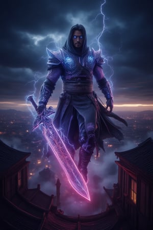 A warrior with a glowing neon wireframe flying crystal sword charges through a stormy sky at twilight. The scene is captured from a frontal angle, highlighting the determination in the warrior's eyes. Flashing lightning creates dramatic contrasts on the sword's surface, with raindrops emphasizing the intensity of the moment. The background features dark thunderclouds and distant flashes, all blurred to accentuate the warrior's movement. The turbulent sky enhances the overall dramatic atmosphere..,Neonwireframe,ridingsword,Crystal Sword