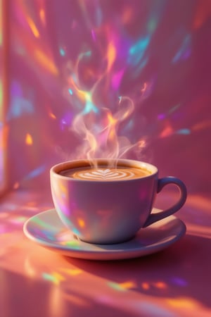 Morning coffee relaxing vibes of a kawaii woman, with colorful prism color effects,3Dmorningcoffee,PrismKaleidoscope,art_solyanka