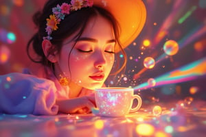 Morning coffee relaxing vibes of a kawaii woman, with colorful prism color effects,3Dmorningcoffee,PrismKaleidoscope