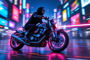 The hijabi cyberpunk woman with luminous cybernetic enhancements races through a holographic marketplace at midnight. The scene is captured from a dynamic side angle, highlighting the trail of her lightsaber. Pulsing neon signs create prismatic kaleidoscope effects on her motorcycle, with motion blur emphasizing her speed. The background features flickering digital advertisements, all blurred to accentuate her movement. The starry sky enhances the overall intensity. CyberpunkHijab,PrismKaleidoscope,reda,Lightsaberweapon