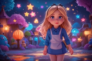 A girl absorbed into fantasyland, Magicallights,divinelights,AliceWaifu,blue eyes,blue dress,white pantyhose,apron,black bow,blonde,3d animation style