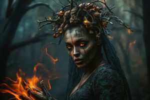 Generate hyper realistic image of a dark, haunting woman with macabre and mystical features. Her face is eerie and skeletal, covered in intricate patterns that resemble roots and vines, giving it a decaying, earthy appearance. Her eyes glow a bright, fiery orange. She is wearing crown-like headpiece made of twisted branches and skulls. The branches fan out from her head, some of them resembling gnarled tree roots, while numerous skulls are embedded within the design. Her clothing is dark and lacy, resembling an ancient, decayed wedding dress. The delicate lace details are contrasted by the rough, bark-like textures that blend into her skin. Her hands are elongated and bony, with sharp, claw-like fingers. Her body is mostly obscured by her dark clothing and the glowing energy she manipulates. The background is dark and shrouded in mist, with faint outlines of twisted trees and decaying branches.,Magicallights,divinelights,Fantasy detailers 