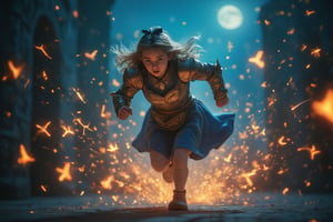 A mystical warrior with enchanted armor sprinting through a moonlit castle at midnight.
The scene is captured from a dynamic side-view, highlighting the sparks of energy radiating from her armor.
Cool moonlight creates a metallic sheen on the warrior’s armor, with crackling magical energy emphasizing her swift movements.
The background features ancient stone walls adorned with glowing runes, all blurred to accentuate the warrior’s determined charge.
The full moon shining brightly enhances the overall mysterious atmosphere.
(1.6-1) d S = δ Q rev T::[weight1] warrior::[weight2] castle --s [epic_magical_art]
, Magicallights,divinelights,AliceWaifu,blue eyes,blue dress,white pantyhose,apron,black bow,blonde,3d animation style