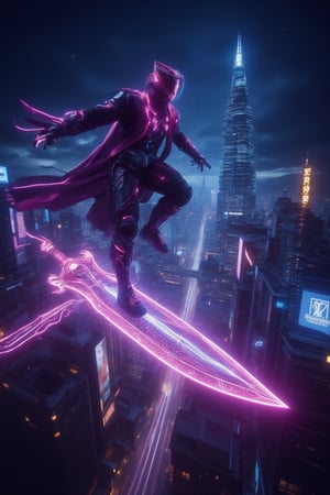 A warrior with a glowing neon wireframe flying crystal sword rides through a futuristic cityscape at midnight. The scene is captured from a low-angle shot, highlighting the luminescent patterns on the sword. Neon lights create vibrant reflections on the warrior's armor, with light trails emphasizing the speed of flight. The background features towering skyscrapers and holographic billboards, all blurred to accentuate the warrior's movement. The starry night sky enhances the overall cyberpunk atmosphere.,Neonwireframe,ridingsword,Crystal Sword