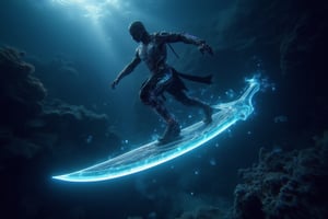 A warrior with a glowing neon wireframe flying crystal sword navigates through an underwater abyss at midnight. The scene is captured from a side profile, highlighting the bioluminescent glow of the sword. Subtle light from deep-sea creatures creates shimmering patterns on the warrior's suit, with bubbles emphasizing the underwater descent. The background features coral formations and mysterious sea life, all blurred to accentuate the warrior's movement. The dark ocean depths enhance the overall mysterious atmosphere.

,Neonwireframe,ridingsword,Crystal Sword