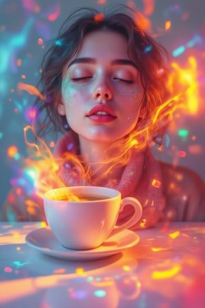 Morning coffee relaxing vibes of a kawaii woman, with colorful prism color effects,3Dmorningcoffee,PrismKaleidoscope,art_solyanka