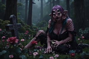 a woman with four eyes sitting beside a grave holding red rose,black goth clothes,and spider web on the tree in the dark forest