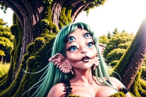 Woman with 4 eyes climbing into an mossy tree using fairy outfit gogeous make up moss outfit, beautiful, best quality, 18k, detailed face, 4eyes, foured eyes, good hand, GOOD quality, tosca hair, detailed dress, detailed wings