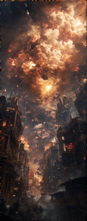 8K UHD image, realistic depiction of Armageddon, apocalyptic scene with massive destruction, crumbling buildings, fiery explosions, dark smoke filling the sky, chaotic atmosphere, dynamic composition, focused on the intense action and devastation, immersive environment blending urban, celestial, and catastrophic elements.