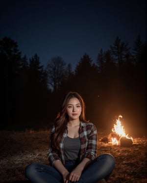 The 26-year-old woman with long auburn hair pulled back in a loose ponytail sits cross-legged by a crackling campfire, gazing up at the vast, starry sky. Her large, almond-shaped emerald green eyes reflect the light of the fire, and her fair, porcelain skin glows warmly in its flickering light. A few light freckles dot her nose and cheeks, adding to her natural, outdoorsy beauty. She’s dressed in a cozy outfit: a flannel shirt layered over a gray t-shirt, paired with jeans and hiking boots. Her rose-pink lips are curled into a relaxed smile as she listens to the sounds of nature around her—the crackling fire, the rustling of leaves, and the distant hoot of an owl. The background features a quiet campsite surrounded by trees, with the soft glow of the fire illuminating the scene and the night sky filled with countless stars.