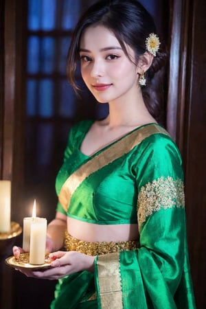 The 26-year-old woman, with her long auburn hair styled in an elegant bun, stands with folded hands during a puja ceremony at home. Her large almond-shaped emerald green eyes are closed in prayer, reflecting her devotion. Her fair porcelain skin, lightly freckled, glows in the soft flicker of the oil lamps. She wears a pristine white saree with golden borders, the fabric flowing gracefully around her as she stands in reverence. The saree’s simple elegance is matched by a golden blouse with short sleeves, adding to the traditional aesthetic. Her rose-pink lips are gently curved into a serene smile. The background features a home altar adorned with marigold garlands, incense sticks, and lit lamps, creating an atmosphere of peace, spirituality, and warmth.