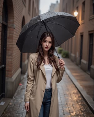 The 26-year-old woman with long, auburn hair styled in soft waves stands on a quiet street in the rain, holding a large black umbrella. Her large, almond-shaped emerald green eyes gaze out thoughtfully at the rain falling around her. Her fair, porcelain skin, lightly freckled across her nose and cheeks, is slightly damp from the misty air. She’s dressed stylishly in a beige trench coat that falls just below her knees, paired with dark jeans and sleek black boots. Her full, rose-pink lips are curved into a small, contemplative smile as she watches the raindrops splash onto the cobblestone pavement. The background is a charming, old-world street lined with quaint brick buildings, their windows glowing warmly from the inside. The rain adds a soft, romantic atmosphere to the scene, with puddles reflecting the streetlights and creating a serene, almost dreamlike setting.