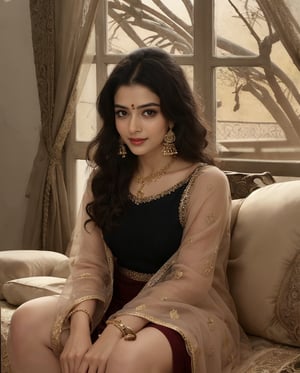 Beautiful Indian woman, medium-length jet-black hair, soft natural curls, oval-shaped face, large almond-shaped black eyes, sun-kissed brown skin, glowing complexion, well-defined cheekbones, slender sharp nose, full maroon lips, subtle charming smile, wearing a purple embroidered anarkali suit with golden borders, sitting elegantly on a large sofa, hands resting on her lap, gold jhumka earrings, delicate gold necklace, soft gentle expression, cozy indoor setting with traditional decor, cushions and a wooden coffee table, traditional beauty with poise, soft indoor lighting.