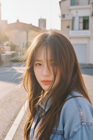 a woman, pretty, windy, in the street, Film Photography