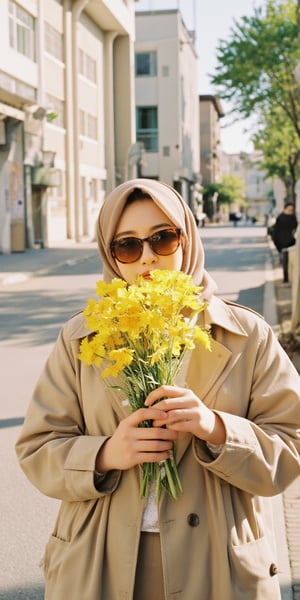 Candid moment on a sun-kissed sidewalk: a radiant woman in a trench coat and crisp white shirt holds and kisses a vibrant bouquet of yellow flowers, her brown sunglasses tucked on her hijab head. Natural light dances across her features as she's lost in thought, the blurred background and bokeh effect creating a sense of intimacy. Soft lighting accentuates her bright smile, while super detailed textures bring the scene to life., Film Photography