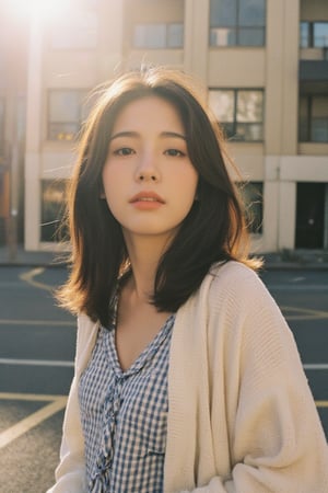 a woman, pretty, windy, in the street, Film Photography