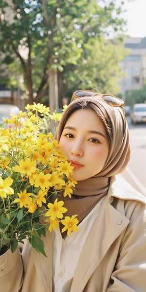 Candid moment on a sun-kissed sidewalk: a radiant woman in a trench coat and crisp white shirt holds and kisses a vibrant bouquet of yellow flowers, her brown sunglasses tucked on her hijab head. Natural light dances across her features as she's lost in thought, the blurred background and bokeh effect creating a sense of intimacy. Soft lighting accentuates her bright smile, while super detailed textures bring the scene to life., Film Photography