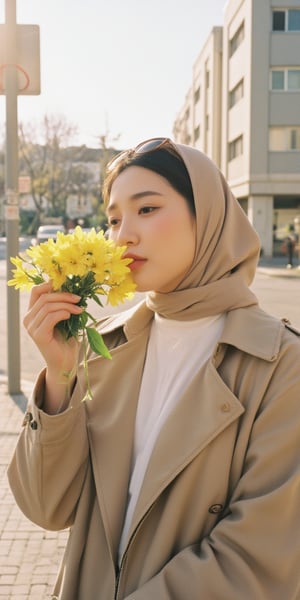 Candid moment on a sun-kissed sidewalk: a radiant woman in a trench coat and crisp white shirt holds and kisses a vibrant bouquet of yellow flowers, her brown sunglasses tucked on her hijab head. Natural light dances across her features as she's lost in thought, the blurred background and bokeh effect creating a sense of intimacy. Soft lighting accentuates her bright smile, while super detailed textures bring the scene to life., Film Photography