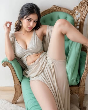 In a modern, minimalist studio, an Indian model is captured in a relaxed yet provocative pose, reclining gracefully on a sleek chaise lounge. Her body is stretched out elegantly, with one leg bent at the knee and the other extended straight, giving her figure a sensuous, elongated look. One of her arms is draped lazily over the back of the lounge, while her other hand rests lightly on her thigh. Her head is tilted slightly to the side, her gaze direct and captivating, with a soft, flirtatious smile playing on her lips. The minimalist background, featuring clean lines and neutral tones, draws all attention to her striking presence. The soft lighting creates gentle shadows that highlight the contours of her body, adding depth and drama to the scene. Her expression is one of relaxed confidence and sensuality, making the overall image feel intimate and alluring, without the need for any extravagant setting.