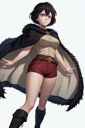 score_9, score_8_up, score_7_up, score_6_up, Masterpiece, best quality, high quality, highres, 4k, BREAK, 
1girl, Mariella, black hair, short hair, purple eyes, light Brown vest, belt, dark red short dress, dark red shorts, black boots, black fur cape, black hooded fur cape, hood up, hood pulled,

, solo, 

, 

,((white background, blank background)):1
,