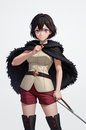 score_9, score_8_up, score_7_up, score_6_up, Masterpiece, best quality, high quality, highres, 4k, 1girl, 1girl, BREAK, 
1girl, Mariella, black hair, short hair, purple eyes, light Brown vest, belt, dark red short dress, dark red shorts, black boots, black fur cape, black hooded fur cape, hood up, hood pulled,

, solo, 

, cowboy shot,

,((white background, blank background)):1
,