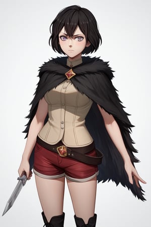 score_9, score_8_up, score_7_up, score_6_up, Masterpiece, best quality, high quality, highres, 4k, BREAK, 
1girl, Mariella, black hair, short hair, purple eyes, light Brown vest, belt, dark red short dress, dark red shorts, black boots, black fur cape, black hooded fur cape, hood up, hood pulled,

, solo, 

, 

,((white background, blank background)):1
,