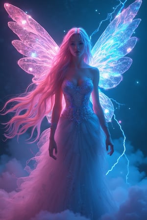 A photorealistic 3D artwork of a stunning fairy with an electric blue and neon pink theme. Her long, flowing hair, a vibrant neon pink, cascades down her back, intricately resembling flowing streams of light. Her eyes, a brilliant electric blue, glow intensely with an otherworldly light, adding a mesmerizing aura to her presence. Her wings, fragile yet intricately detailed, feature magical patterns in swirling electric blue and neon pink, resembling abstract nebulae. She is dressed in a gown made of shimmering, layered fabric that shifts between shades of electric blue and neon pink, giving her a regal, striking elegance. The scene is enveloped in swirling fractal patterns in electric blue and neon pink, reminiscent of lightning and blooming flowers, creating a bold, dynamic atmosphere that enhances the fairy's captivating beauty. The overall composition is rich in contrast and texture, with a magical, almost surreal quality that brings the fairy and her surroundings to life in a dramatic interplay of electric blue and neon pink.