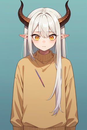 score_9, score_8_up, score_7_up,source_anime,BREAK, Neuvillette, teenager, tall male,Long Hair, White Hair, golden Eyes, Pointy Ears, light brown sweater, pale_skin , dragon horns, demon, multiple horns