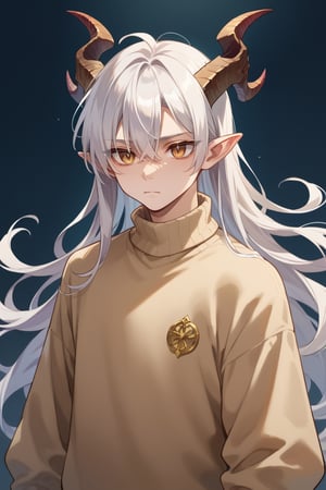 score_9, score_8_up, score_7_up,source_anime,BREAK, Neuvillette,young male, tall male,Long Hair, White Hair, golden Eyes, Pointy Ears, light brown sweater, pale_skin , dragon horns, demon horns, multiple horns