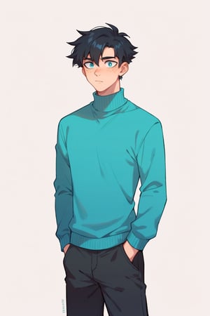 score_9, score_8_up, score_7_up,source_anime,BREAK, Wriothesley, teenager, athletic, tall male,short Hair, black Hair,  cyan Eyes, cyan sweater, pale_skin, freckles, moles_in _face, dragon scales