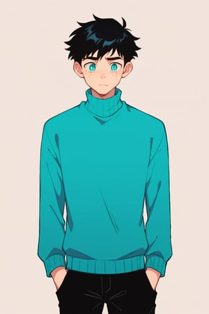 score_9, score_8_up, score_7_up,source_anime,BREAK, Wriothesley, teenager, athletic, tall male,short Hair, black Hair,  cyan Eyes, cyan sweater, pale_skin, freckles, moles_in _face