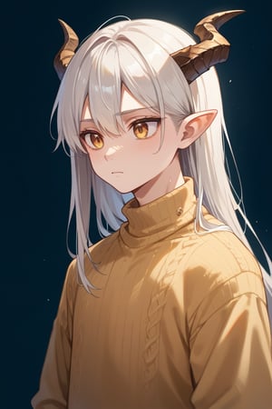 score_9, score_8_up, score_7_up,source_anime,BREAK, Neuvillette,Long Hair, White Hair, golden Eyes, Pointy Ears, light brown sweater, pale_skin, young male, 4 dragon horns