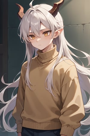 score_9, score_8_up, score_7_up,source_anime,BREAK, Neuvillette,young male, tall male,Long Hair, White Hair, golden Eyes, Pointy Ears, light brown sweater, pale_skin , dragon horns, demon horns, multiple horns