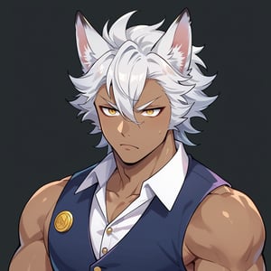 score_9, score_8_up, score_7_up, score_6_up, score_5_up,score_4_up,source_anime,BREAK,,jack howl,wolf tail,white hair,wolf ears,yellow eyes,dark-skinned male,muscular male, only Jack, vest,hair between eyes, Expressiveh, beautiful face, hot guy, masterpiece, best quality, best aesthetics, perfect anatomy, perfect proportions, athetic guy, perfect face,, high resolution, good colors, bright skin, good shading,