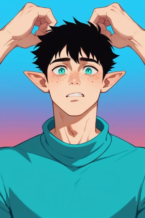 score_9, score_8_up, score_7_up,source_anime,BREAK, Wriothesley, teenager, athletic, tall male,short Hair, black Hair,  cyan Eyes, Pointy Ears, cyan sweater, pale_skin, freckles, moles