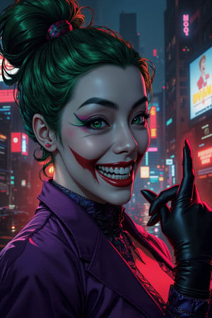 Art of a joker Joker's twisted grin wearing her ((makeup face:1.4)), purple ((her suit)), black glove, ((red smoke)), her ((green ponnytail bun hairstyle:1.3)), sharp teeth, sexy pose, dark night, ((neon light city)), cyberpunk realistic city background 