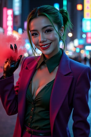 Art of a joker Joker's twisted grin wearing her ((makeup face:1.4)), purple ((her suit)), black glove, ((red smoke)), her ((green ponnytail bun hairstyle:1.3)), sharp teeth, sexy pose, dark night, ((neon light city)), cyberpunk realistic city background 