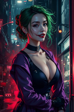 Art of a joker Joker's twisted grin wearing her ((makeup face:1.4)), purple ((her suit)), black glove, ((red smoke)), her ((green ponnytail bun hairstyle:1.3)), sharp teeth, sexy pose, dark night, ((neon light city)), cyberpunk realistic city background 