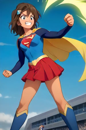 Ren Kazamatsuri, with her athletic and energetic personality, brings a vibrant energy to the classic Supergirl costume. The bold blue top, featuring the red and yellow 'S' emblem, enhances her natural strength and agility. A flowing red cape billows behind her, adding a dynamic flair to her sporty demeanor. The red skirt and knee-high boots complete the look, emphasizing her active and athletic frame, making her appear ready to leap into action at any moment.

Her usual playful and determined expression blends effortlessly with the heroic essence of Supergirl, showing her readiness to fight for justice with a confident grin. This transformation into Supergirl enhances her natural charisma and bravery, making her the perfect embodiment of a young heroine full of energy and optimism, ready to protect those in need while charging forward with her unstoppable spirit.,supergirl,Ren Kazamatsuri, brown hair, hair ornament, dark skinned 