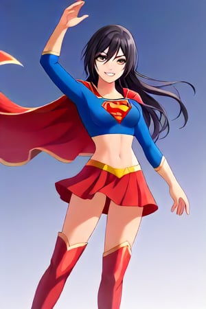 Shirase Sakuya, known for her graceful and mature elegance, brings a sophisticated allure to the classic Supergirl costume. The bright blue top with the iconic red and yellow 'S' emblem highlights her confident posture and commanding presence, perfectly fitting her tall and graceful frame. Her long, flowing dark hair cascades over her shoulders, adding a touch of elegance that flows naturally with the red cape billowing behind her. The red skirt and red knee-high boots complete the look, giving her a balanced mix of femininity and strength.

Sakuya’s poised smile and calm expression bring a sense of assurance and composure to the Supergirl persona, showcasing her natural leadership qualities and resilience. Her transformation captures the essence of a heroine who possesses both beauty and power, ready to protect and inspire with quiet confidence. As Supergirl, Sakuya combines charm and strength seamlessly, embodying a powerful figure who stands ready to face challenges with both grace and resolve.