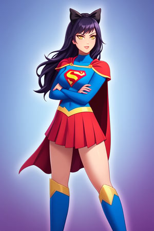 Blake Belladonna, with her quiet yet fierce demeanor, brings a subtle elegance to the classic Supergirl costume. The deep blue top, adorned with the bold red and yellow 'S' emblem, contrasts beautifully with her dark, raven-black hair, which falls gracefully over her shoulders, with her signature bow adding a unique touch. A flowing red cape sways behind her, giving a sense of movement and power, while also highlighting her agile and stealthy nature. The red skirt and knee-high boots complete the look, emphasizing her lithe, athletic frame.

Blake’s calm yet determined expression blends perfectly with the heroic essence of Supergirl, showcasing her strength and resolve. Her quiet strength, paired with the empowering costume, makes her a symbol of resilience and grace. In this transformation, Blake seamlessly combines her natural stealth and independence with the courage and heroism of Supergirl, ready to stand tall and protect those who need it, while still retaining her thoughtful and introspective nature.