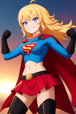 Yang Xiao Long, with her fiery personality and unshakable confidence, looks bold and powerful in the classic Supergirl costume. The vibrant blue top, featuring the iconic red and yellow 'S' emblem, perfectly complements her golden blonde hair, which flows freely in its signature wild style. A bright red cape billows behind her, adding to her dynamic and energetic presence, as it moves with every step. The red skirt and knee-high boots emphasize her athletic, muscular build, showcasing the raw strength she’s known for.

Yang’s confident grin and fearless gaze blend seamlessly with the empowering Supergirl persona. Her natural charisma and love for a good fight are perfectly enhanced by the superhero look, making her appear both strong and heroic. In this transformation, Yang embodies the best traits of a superhero, radiating courage, strength, and a fearless attitude, always ready to take on any challenge while protecting those she cares about.