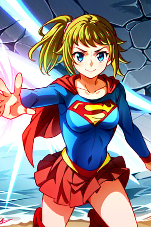 Fumina Hoshino, with her athletic build and passionate spirit, brings a lively and strong energy to the classic Supergirl costume. The bright blue top, featuring the iconic red and yellow 'S' emblem, complements her confident stance and energetic personality. Her blonde hair, tied up in her signature ponytail, adds a practical yet spirited touch, while the red cape flows behind her, accentuating her action-ready pose. The red skirt and matching knee-high boots complete her look, highlighting her athletic frame and dynamic style. With her usual enthusiastic smile and determined eyes, Fumina embodies the essence of Supergirl with a unique twist. Her transformation amplifies her natural courage and resilience, blending her love for competition with the heroism of the Supergirl persona. In this costume, Fumina looks ready to face any challenge head-on, inspiring those around her with her boundless energy, strength, and unwavering resolve.