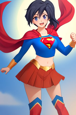 Fujisawa Aya, known for her calm and composed personality, brings a graceful and poised presence to the classic Supergirl costume. The bright blue top with the iconic red and yellow 'S' emblem complements her serene expression and reserved nature. Her shoulder-length, black hair falls neatly around her face, while the red cape flows behind her, adding a subtle sense of movement and strength. The red skirt and red knee-high boots complete the look, giving her an elegant yet empowered appearance.

With her gentle smile and calm demeanor, Aya embodies a more thoughtful and composed take on Supergirl, blending heroism with her usual grace. In this costume, she conveys quiet strength and resolve, ready to face any challenge with dignity and poise. Her transformation captures the essence of a hero who leads with both compassion and inner strength, making her an inspiring figure who brings warmth and courage to those around her.,supergirl,fujisawa aya(gbd)