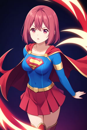 Hisako Arato, with her composed demeanor and auburn hair tied neatly in a ponytail, takes on a powerful new look in the classic Supergirl costume. The vibrant blue top, featuring the bold red and yellow 'S' emblem on her chest, perfectly contrasts her usual calm and collected appearance, symbolizing the strength she possesses beneath her reserved exterior. A flowing red cape cascades behind her, adding a heroic flair to her poised stance. The outfit is completed with a red skirt and matching knee-high boots, highlighting her agile and refined figure. Hisako’s focused and serious expression, now mixed with the confident aura of Supergirl, transforms her into a symbol of quiet strength and protection. This blend of her medical expertise and the superhero's power makes Hisako look both graceful and ready to stand up for what’s right.