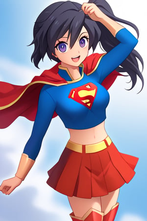 Fujisawa Aya, known for her calm and composed personality, brings a graceful and poised presence to the classic Supergirl costume. The bright blue top with the iconic red and yellow 'S' emblem complements her serene expression and reserved nature. Her shoulder-length, black hair falls neatly around her face, while the red cape flows behind her, adding a subtle sense of movement and strength. The red skirt and red knee-high boots complete the look, giving her an elegant yet empowered appearance.

With her gentle smile and calm demeanor, Aya embodies a more thoughtful and composed take on Supergirl, blending heroism with her usual grace. In this costume, she conveys quiet strength and resolve, ready to face any challenge with dignity and poise. Her transformation captures the essence of a hero who leads with both compassion and inner strength, making her an inspiring figure who brings warmth and courage to those around her.,supergirl,fujisawa aya(gbd)