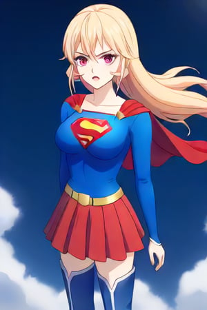 Erina Nakiri, with her regal presence and distinctive long blonde hair, stands confidently in the iconic Supergirl costume. The costume features a bold blue top with the famous red and yellow 'S' shield emblazoned across her chest, symbolizing strength and hope. A flowing red cape cascades from her shoulders, adding a touch of elegance that complements her aristocratic demeanor. The red skirt and matching knee-high boots complete the ensemble, enhancing her powerful yet graceful appearance. Her usual air of sophistication and authority is now combined with the heroic charm of Supergirl, making her look both formidable and inspiring.